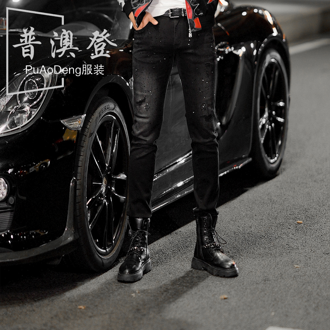 2025秋季新款时尚潮流个性百搭修身满天星烫钻潮牌牛仔裤男款