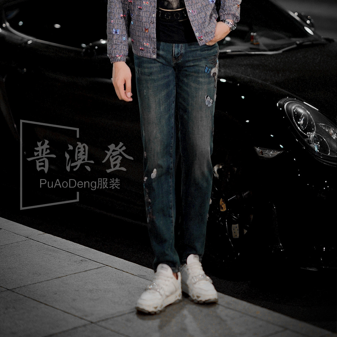 普澳登/2024秋装男装新款时尚修身百搭潮流蝴蝶图水洗牛仔裤5535