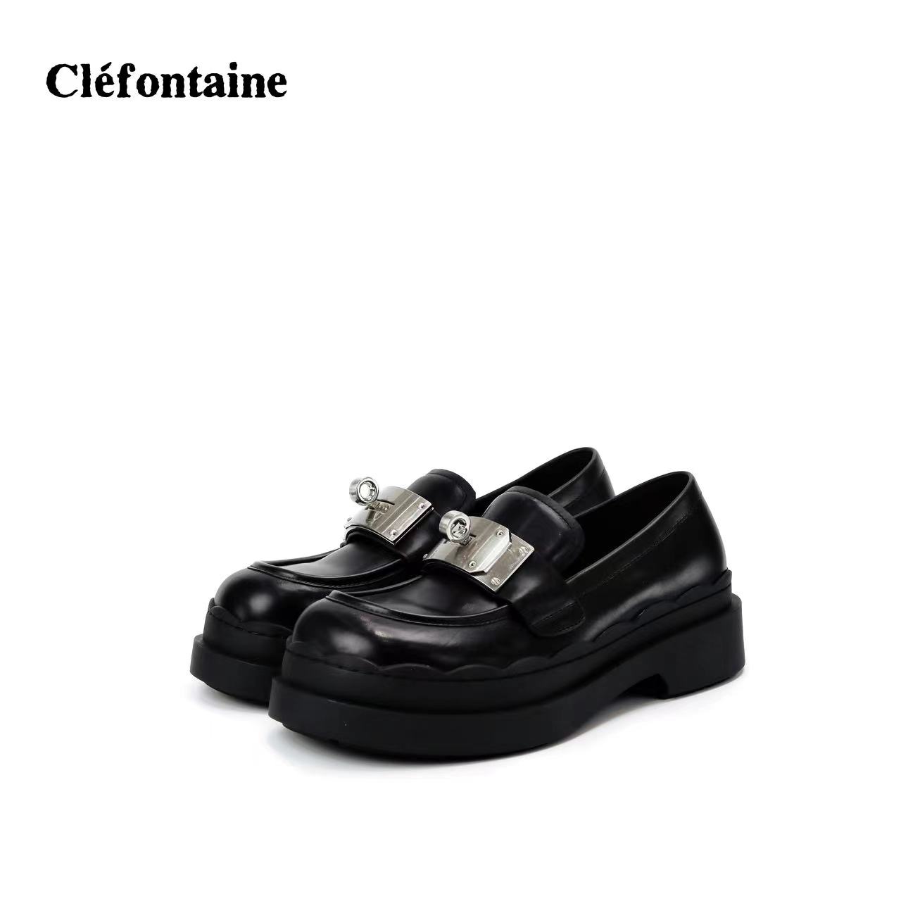 2024春季新款马家圆头厚底乐福鞋时尚休闲马衔扣真皮英伦风