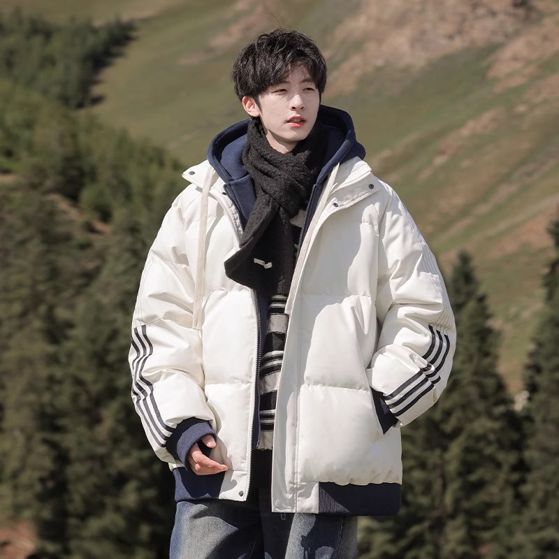 爆款条纹撞色假两件羽绒棉服男女秋冬季加厚防寒保暖棉袄棉衣外套
