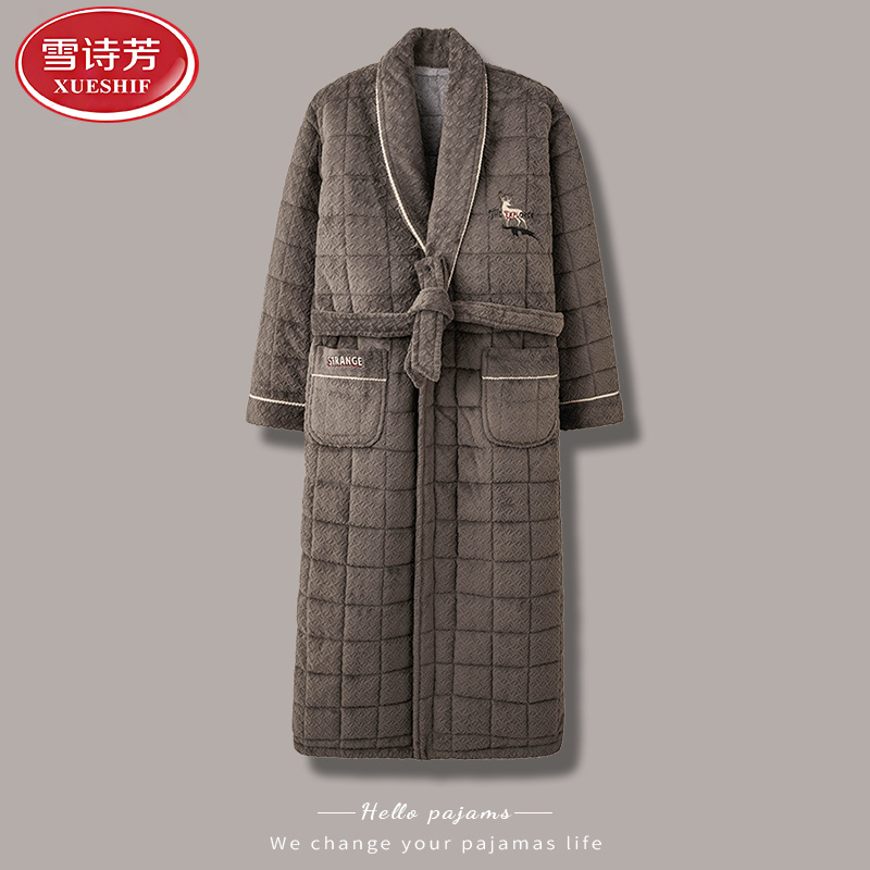 睡袍男士冬季加厚加绒珊瑚绒夹棉袄保暖浴袍睡衣法兰绒秋冬款冬天