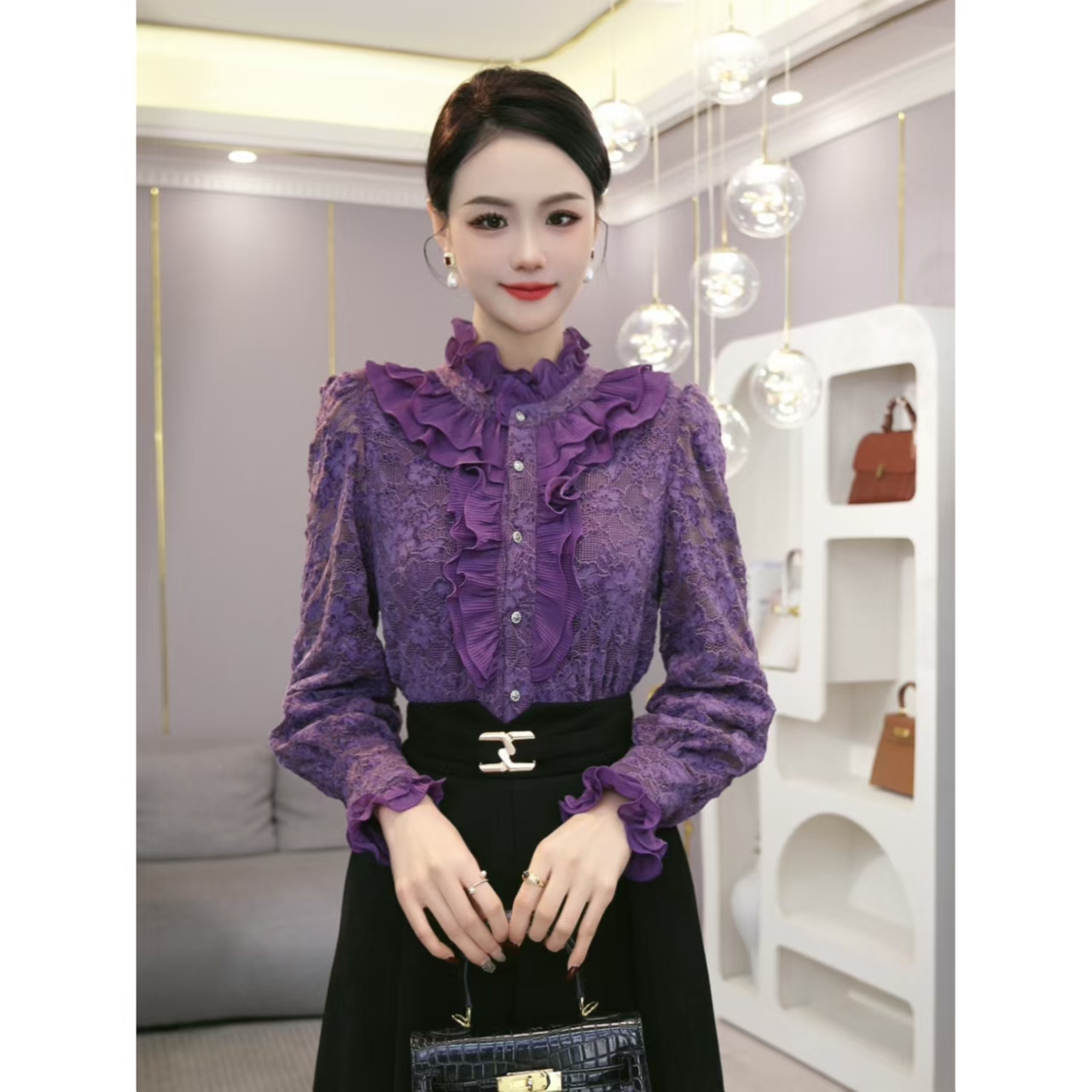 2025秋冬新款【LT24-Q667-1】加绒加厚小众紫色刺绣蕾丝长袖衬衫女