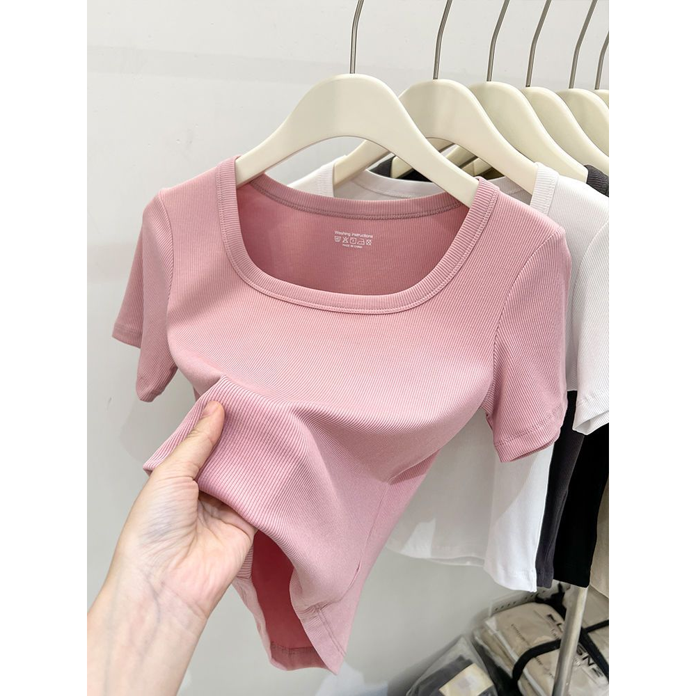 大码胖mm时尚百搭螺纹正肩短袖t恤女夏季新款方领修身短款上衣潮