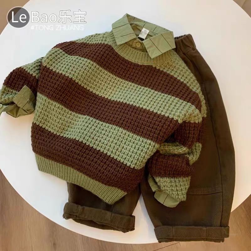 【冬季大促】男童秋冬款套装2023新款洋气宝宝套头毛衣帅气条纹衬