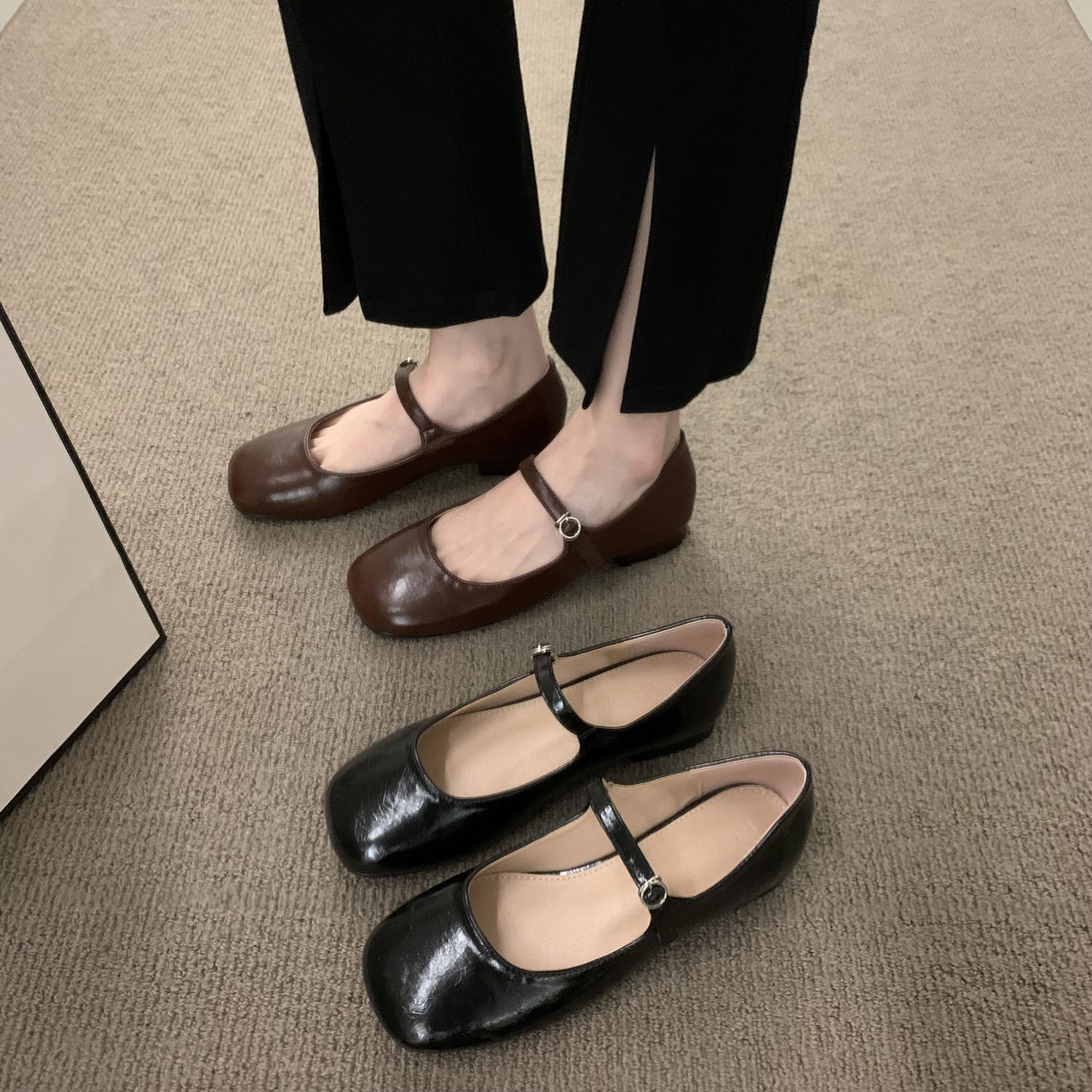 韩版玛丽珍鞋女夏复古鞋子小众设计粗跟一字扣浅口单鞋褶皱手工鞋