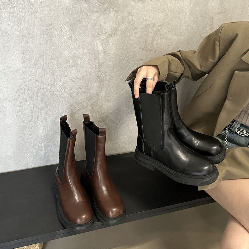 敲高性价比切尔西短靴女春秋单靴2025新款圆头英伦风厚底烟筒靴子