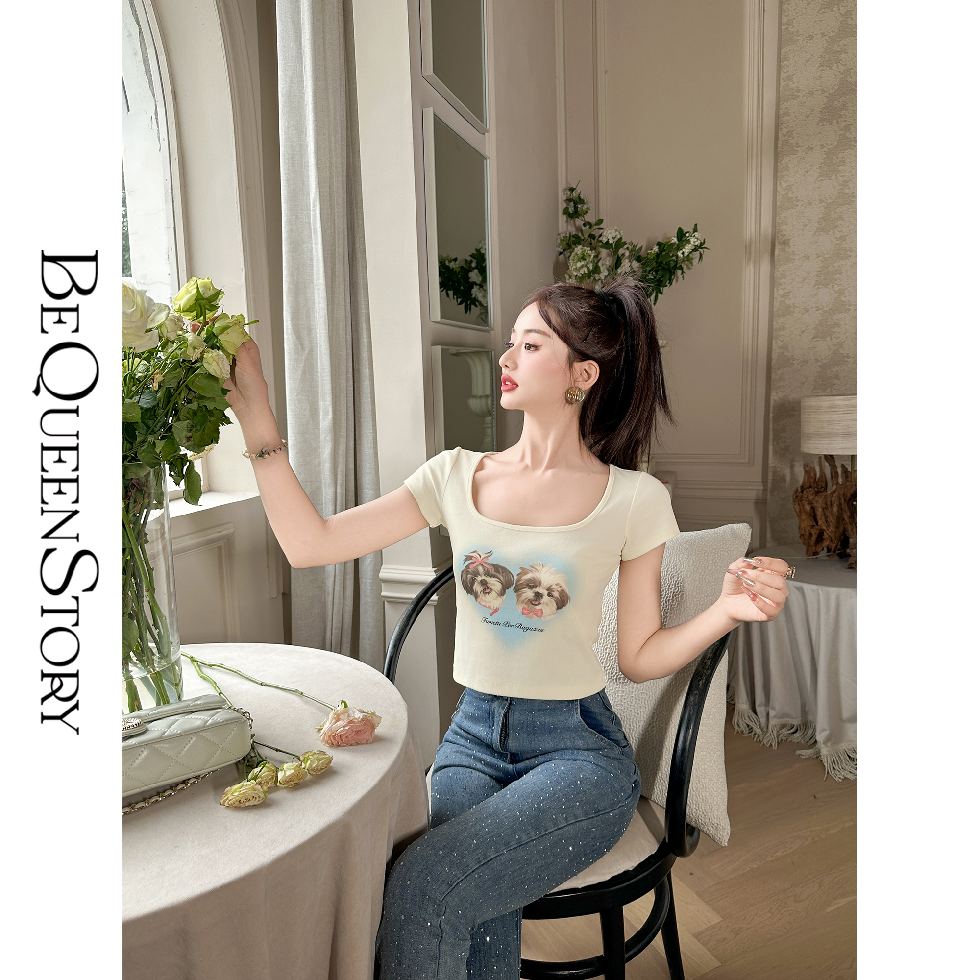 BeQueenStory【甜宠日记】时尚洋气百搭爱心晕染小狗印花U领T恤