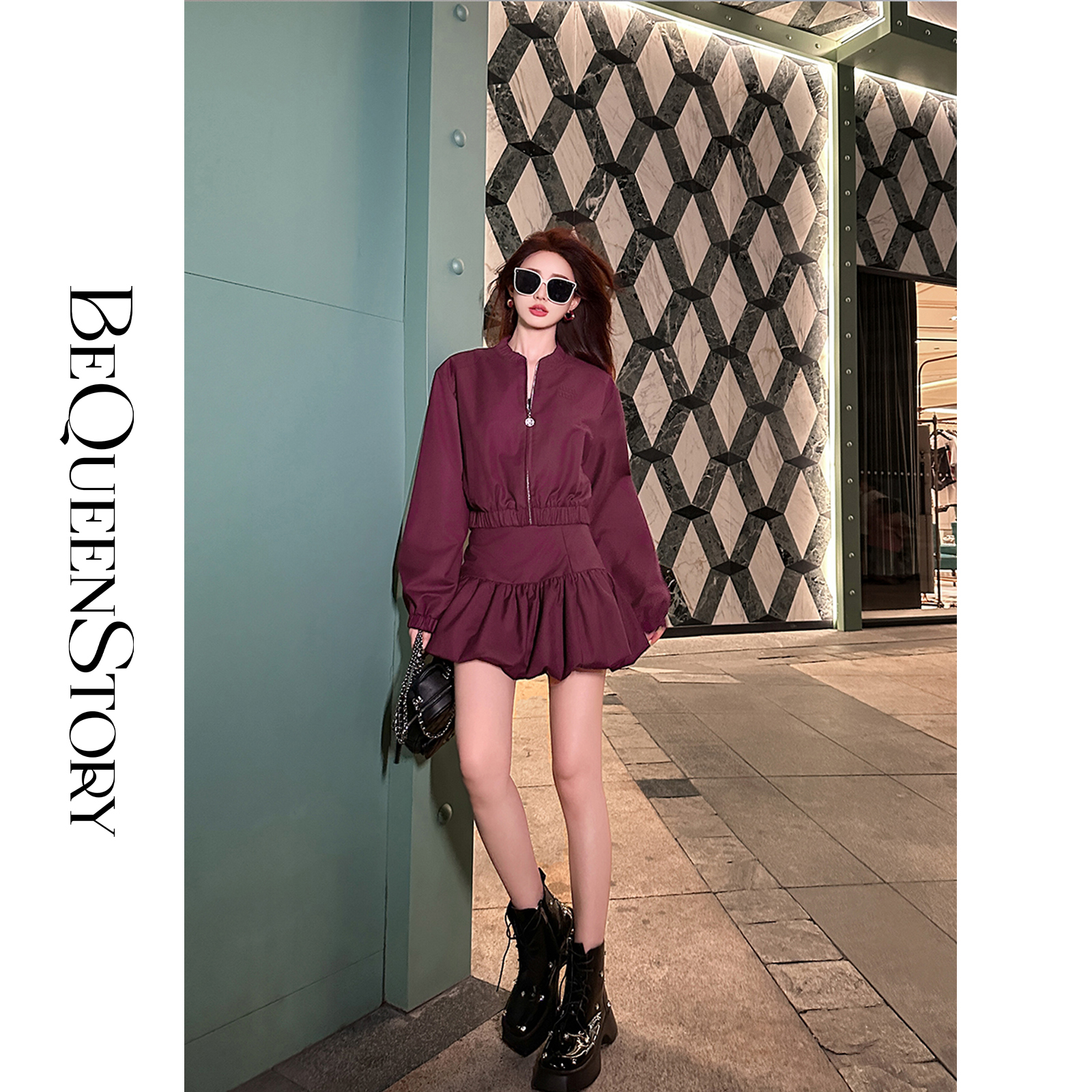 余潇潇【街头日记】城市机能洋气显瘦长袖夹克&蓬蓬裙套装