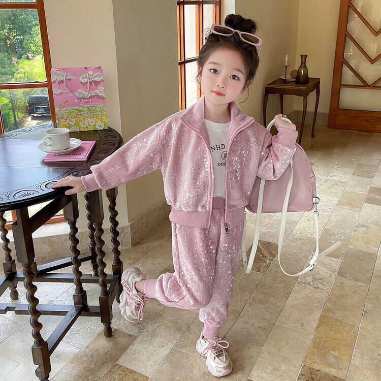 巴拉中大童女童运动套装2024春款儿童翻领亮片外套春秋女宝宝小香