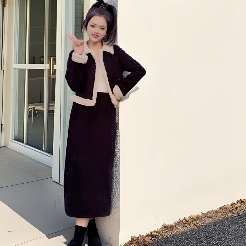 复古小香风【两件套】【加绒】2025春季新款绒短外套黑色套装