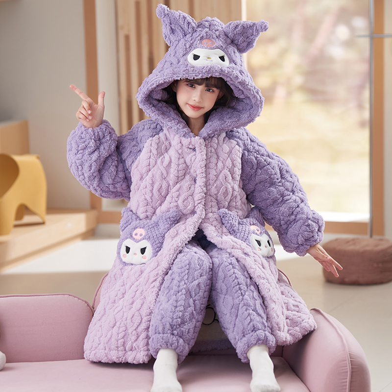 bejirog/北极绒加厚款珊瑚绒学生居家浴袍三层夹棉女童外穿睡袍