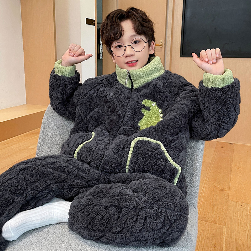 bejirog/北极绒冬季新款男童珊瑚绒三层夹棉时尚可爱风睡衣套装