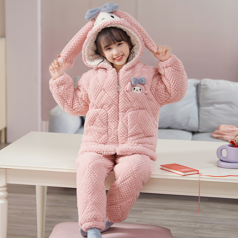 冬珊瑚绒女童居家可外穿睡衣三层夹棉家居服套装