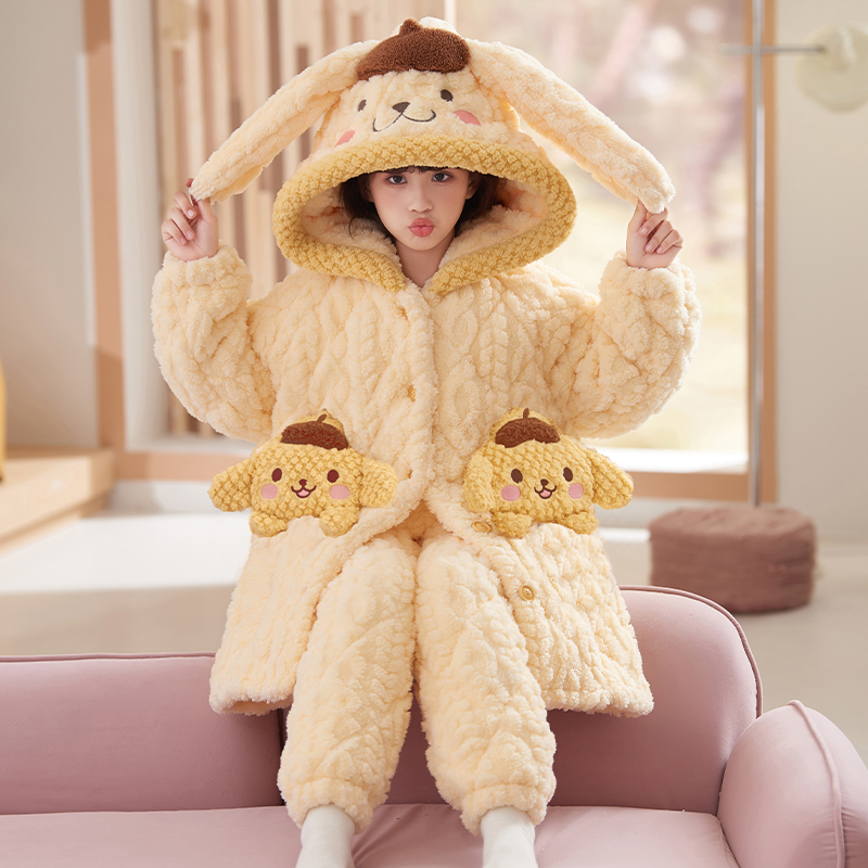 bejirog/北极绒中小童冬季加厚款珊瑚绒三层夹棉女童时尚睡袍套装