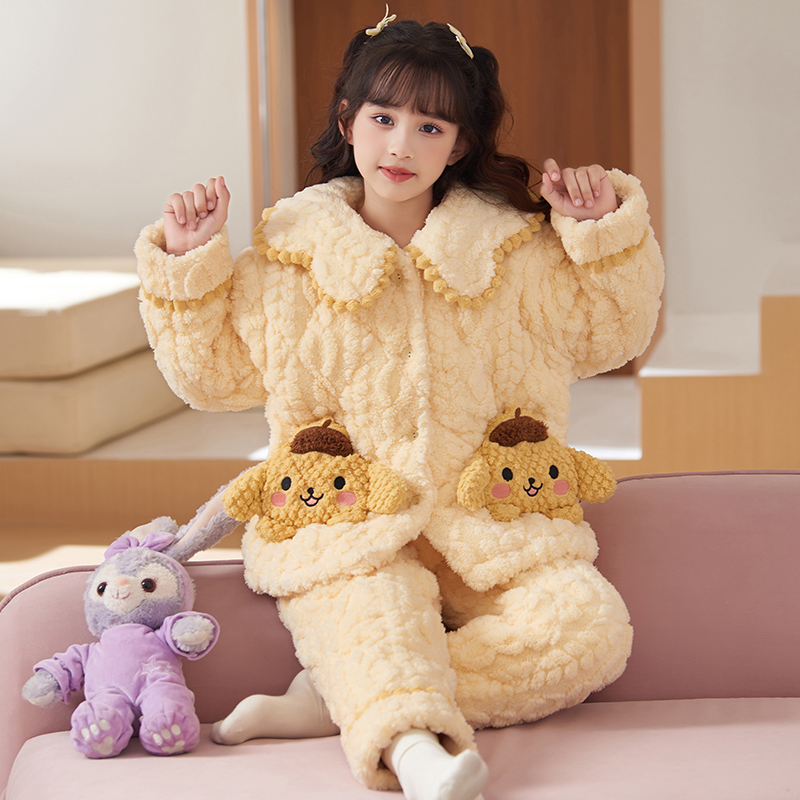 bejirog/北极绒加厚珊瑚绒三层夹棉女童冬季新款公主风睡衣套装
