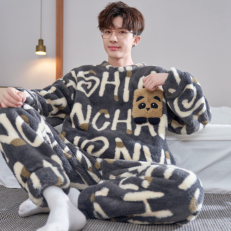 男士秋冬季珊瑚绒睡衣加厚加绒卡通青少年休闲款法兰绒家居服套装