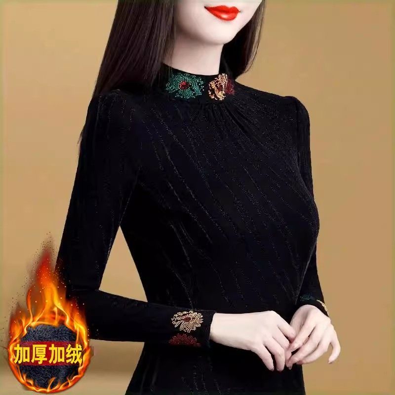 加绒加厚网纱打底衫女内搭新款秋冬洋气妈妈长袖时尚修身长袖上衣