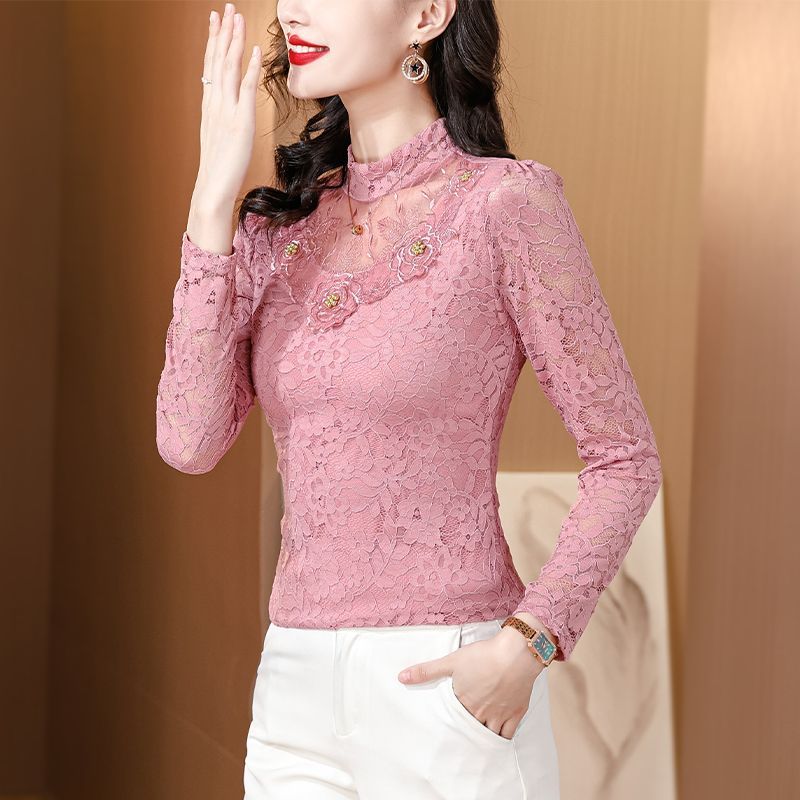 时尚性感镂空蕾丝衫女外穿秋冬新款甜美百搭修身加绒打底小衫上衣