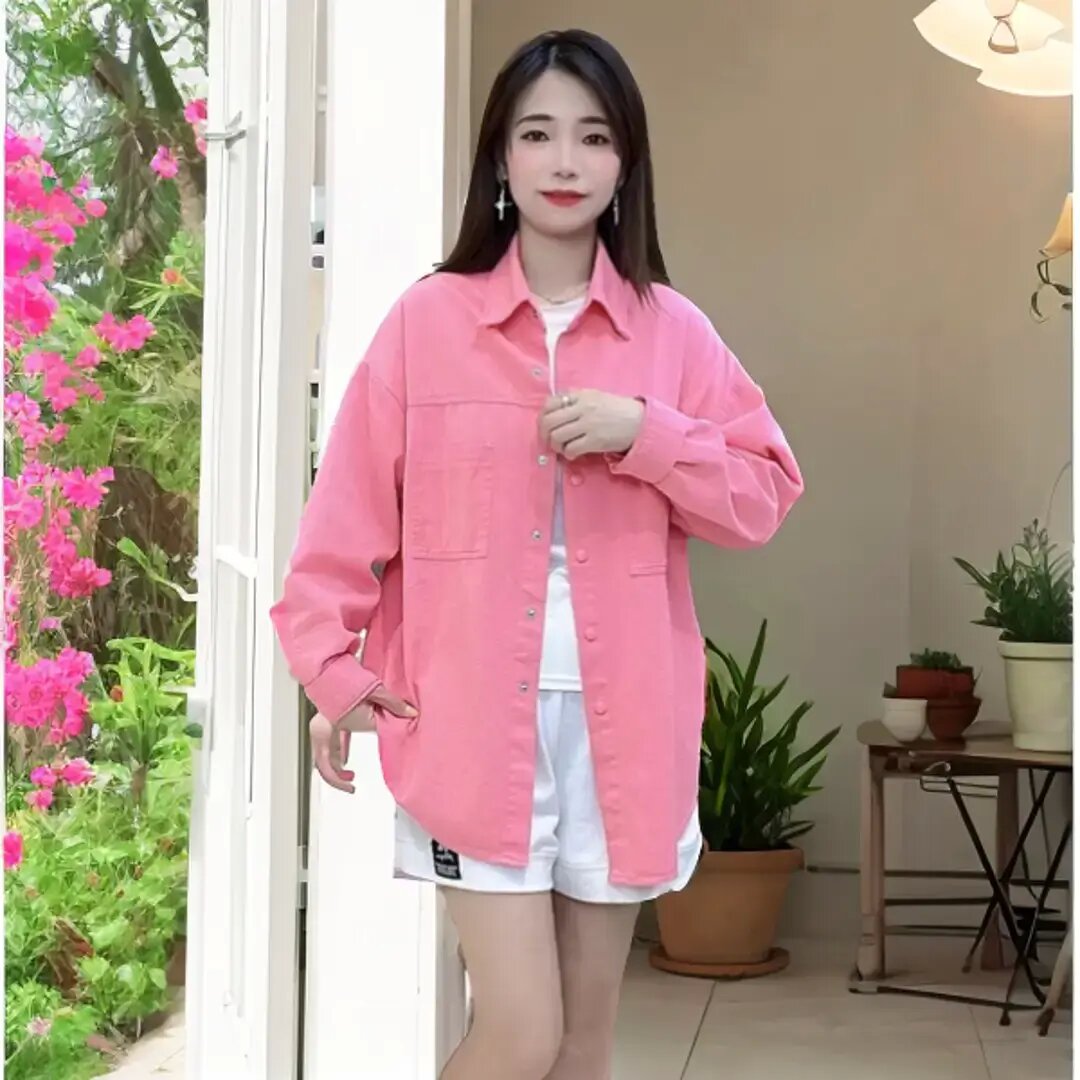 粉色牛仔衬衫外套女春秋宽松百搭中长款休闲纯色小众上衣