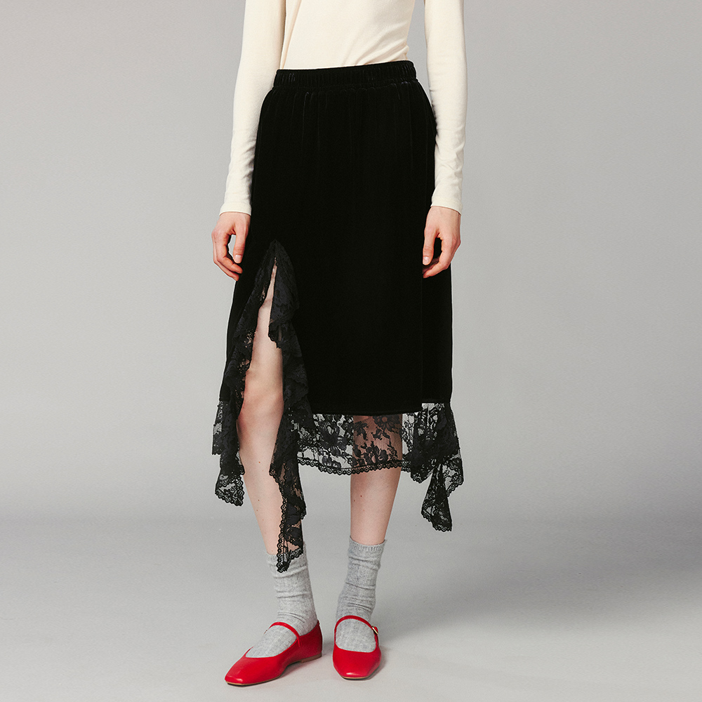 UOOYAA/乌丫冬季经典复古丝绒蕾丝半裙9199