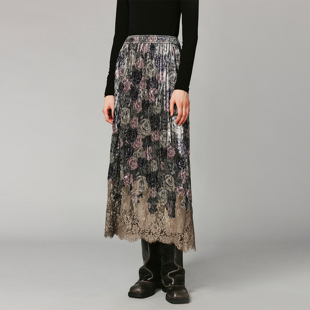 UOOYAA/乌丫冬季经典复古优雅迷彩气质蔷薇印花丝绒蕾丝半裙9201