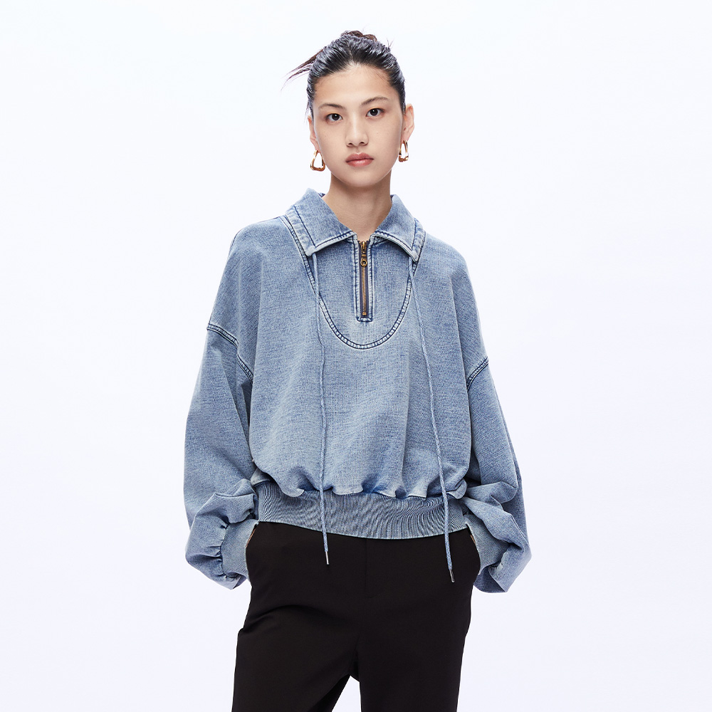 UOOYAA/乌丫复古摩登水洗牛仔针织卫衣套头衫UY22312E109015