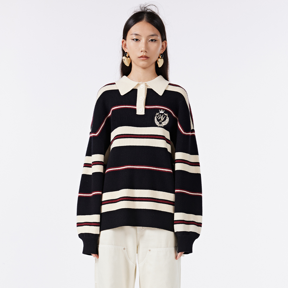 UOOYAA秋季时尚休闲「Vintage」系列POLO领条纹撞色毛衫9316