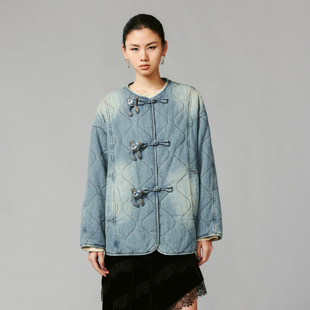 UOOYAA/乌丫冬季经典「熊熊系列」复古盘扣水洗牛仔棉服外套7161
