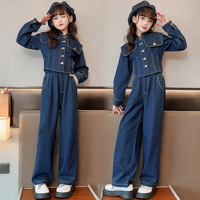 女童时髦翻领牛仔套装2024春季新款中大儿童休闲春秋季阔腿两件套