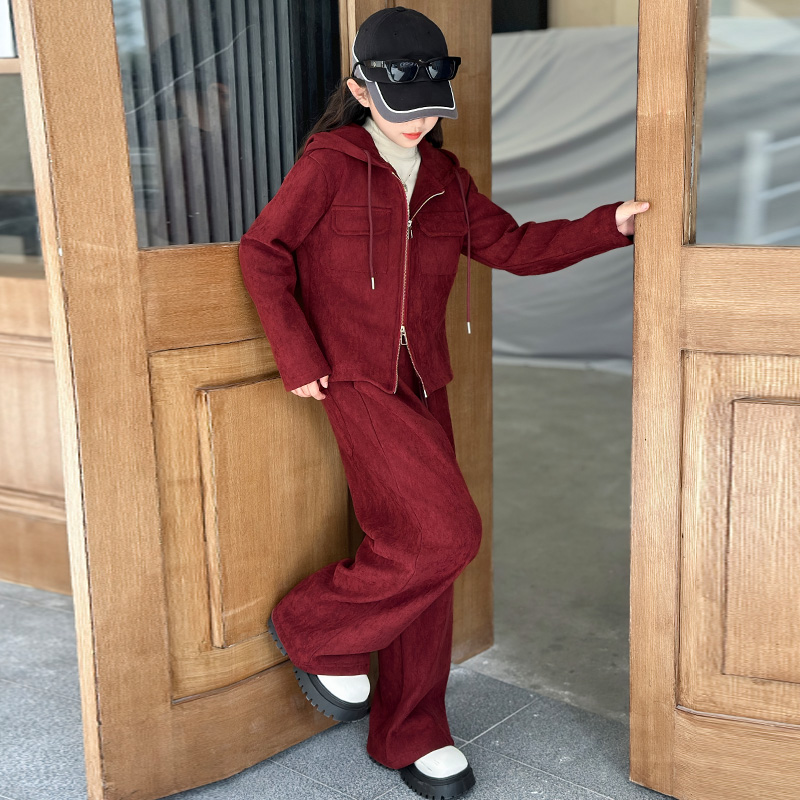 女孩秋冬加绒运动套装2024新款韩版时髦洋气拉链衫休闲连帽两件套