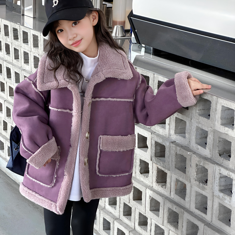 2025冬新款洋气女童休闲毛毛外套韩版时尚机车服加绒加厚儿童外套
