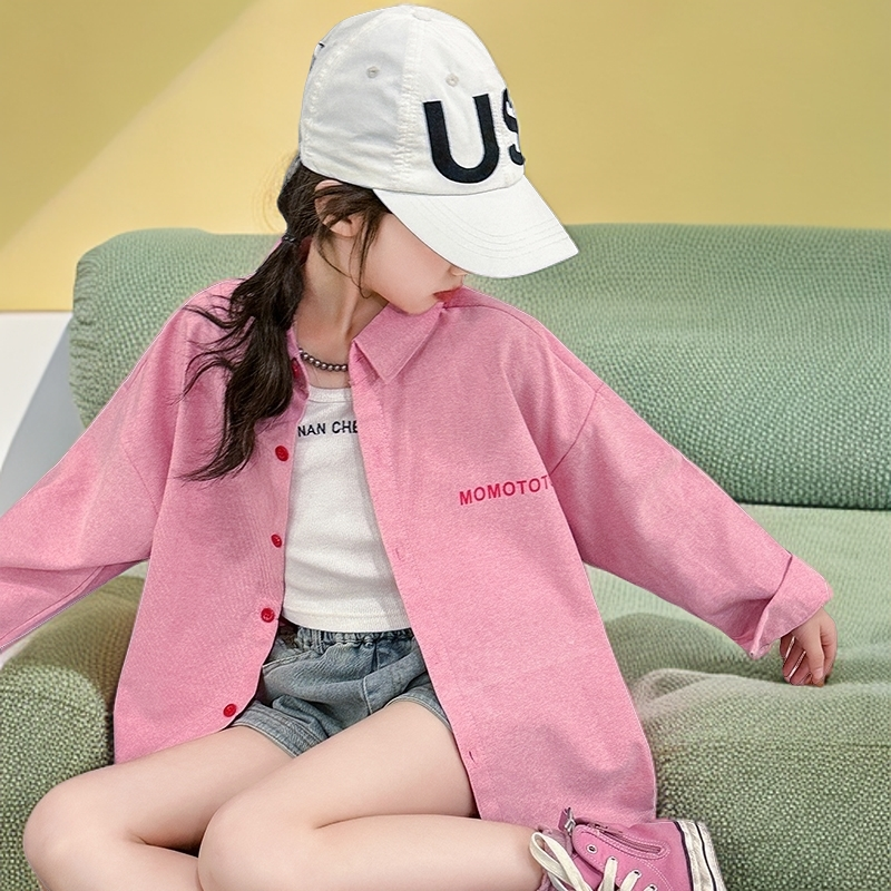 2024秋季新款洋气女童休闲衬衫外套时尚百搭字母刺绣外套宽松上衣