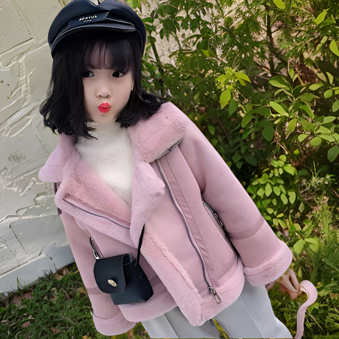 2025冬季新款女童皮毛一体外套翻领衣服洋气中大童时尚韩版机车服