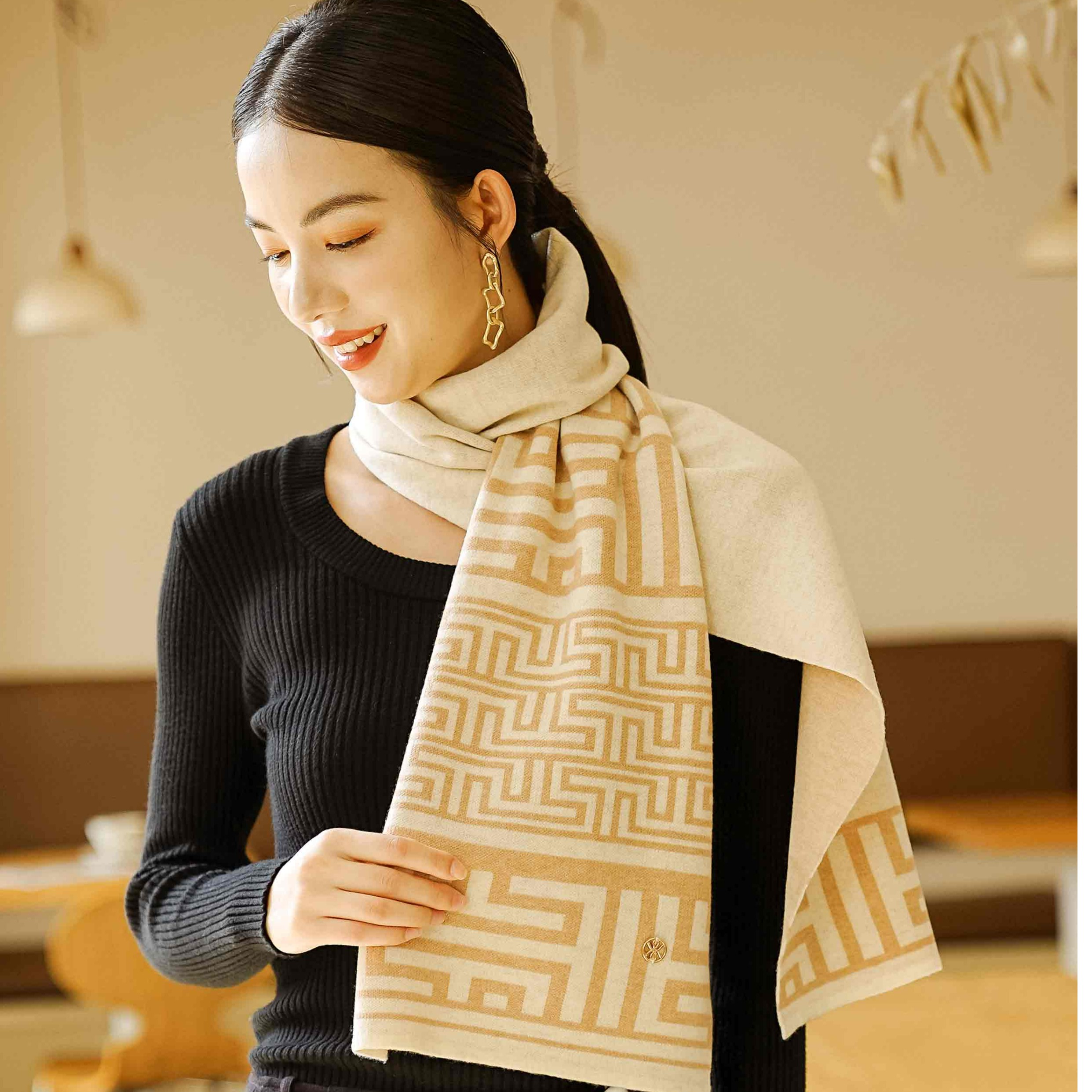 Wensli/万事利【如意连云】180cmX30气质羊毛披肩保暖冬季时尚围巾