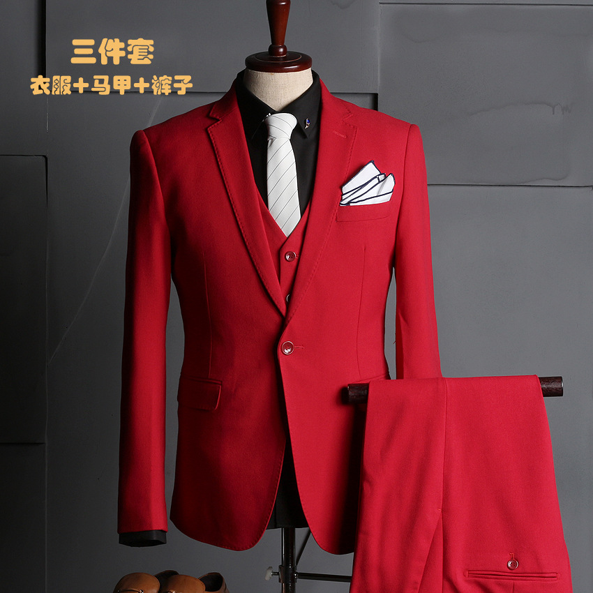2023新款商务男西装韩版修身结婚红色男士西服套装职业装男礼服