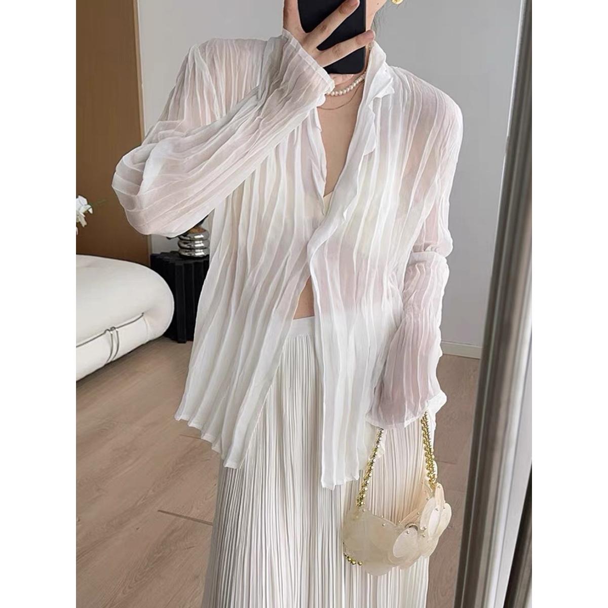 三宅褶皱日常百搭通勤防晒衣女褶皱单粒扣开衫24夏季新款搭空调衫