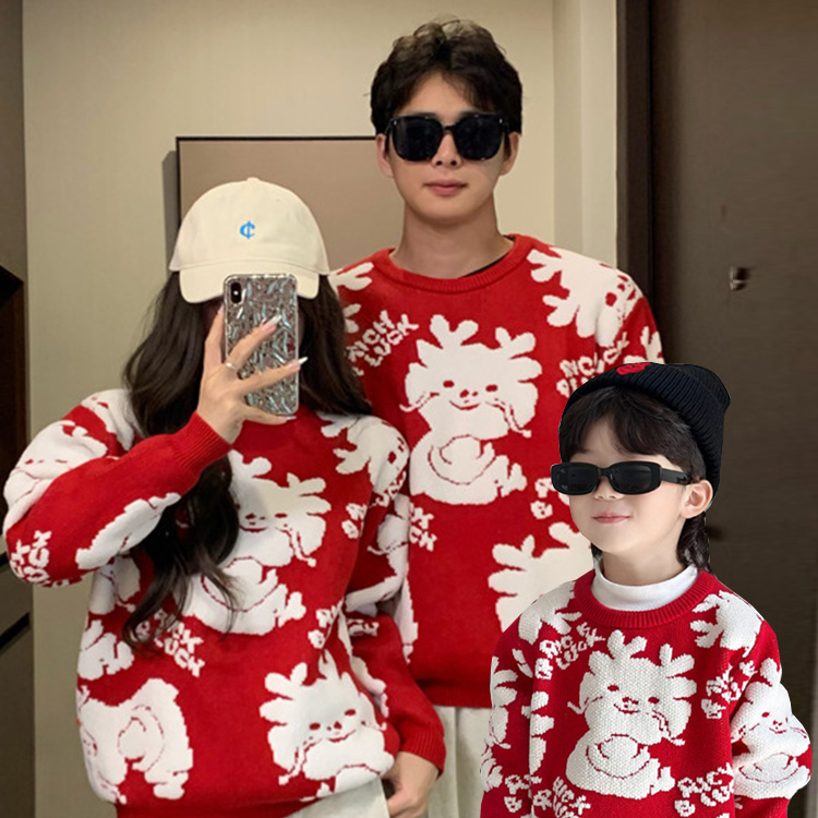 毛衣亲子装一家三口红色毛衣针织衫国潮圆领加厚宽松秋冬情侣年服