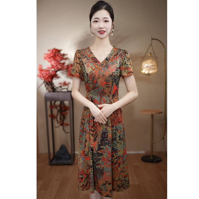 （816浅）2025夏季新款妈妈中式改良裙子中国风旗袍立领气质显瘦