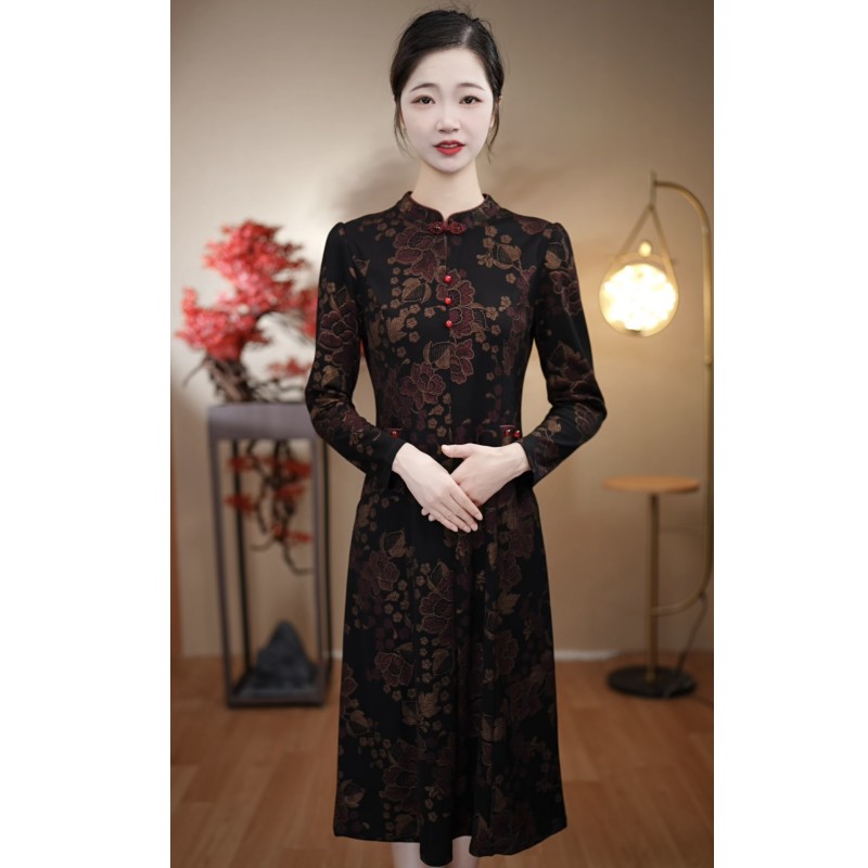 （2号色-066三珠长袖）2024夏季新款中年妈妈气质印花显瘦改良旗袍