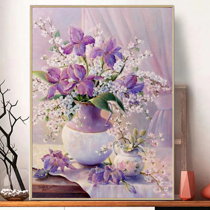 带框钻石画2024新款花卉清新点贴粘钻十字绣简单手工diy客厅小幅