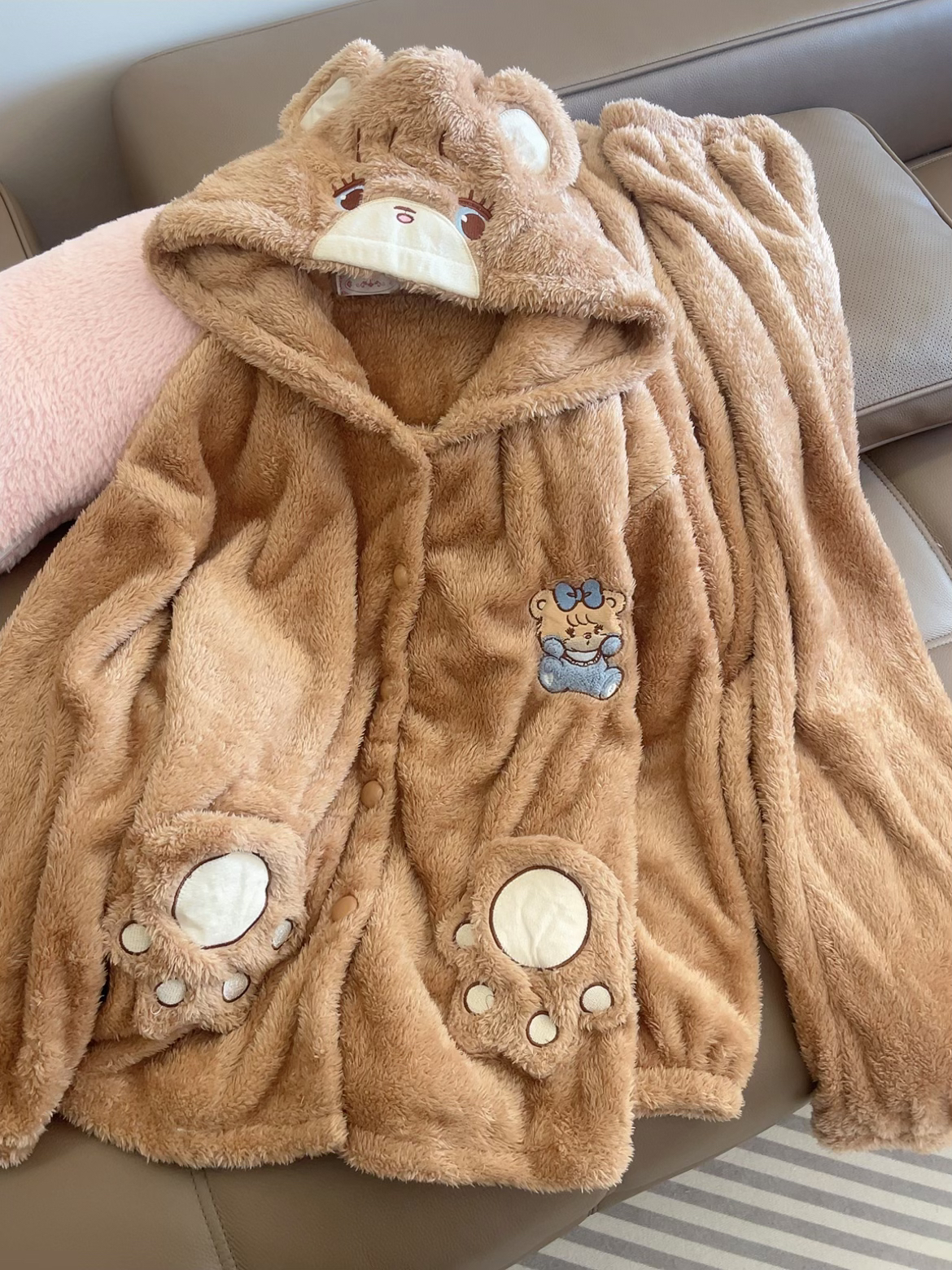 韩版连帽加绒加厚少女可爱卡通珊瑚绒家居服学生套装