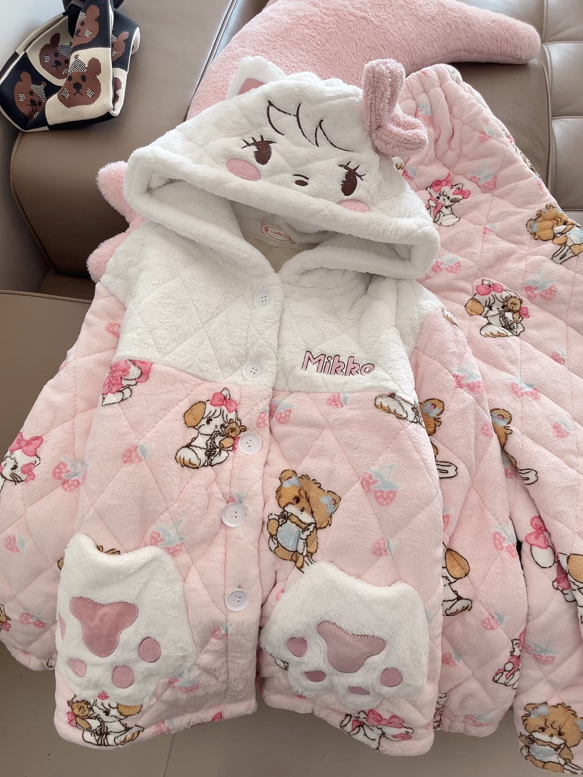 日系miko夹棉睡衣女冬季新款法兰绒三层加绒加厚连帽可外穿家居服