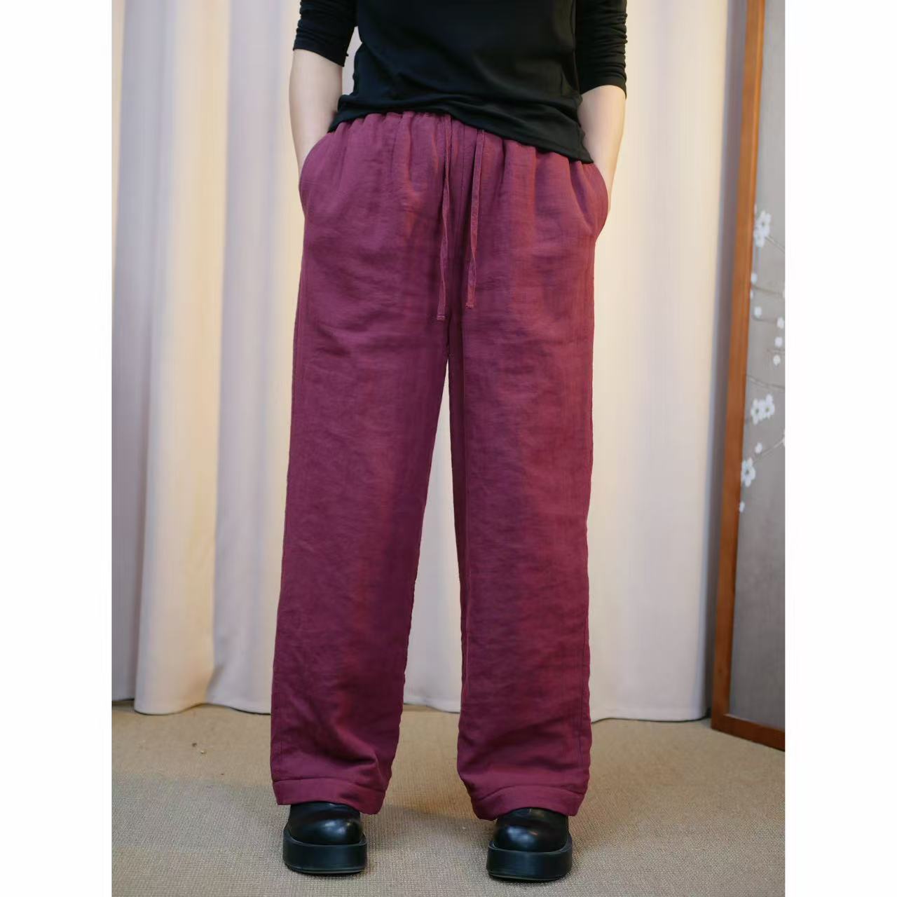 冬季新款时尚百搭显瘦苎麻蚕丝棉直筒休闲棉裤1015