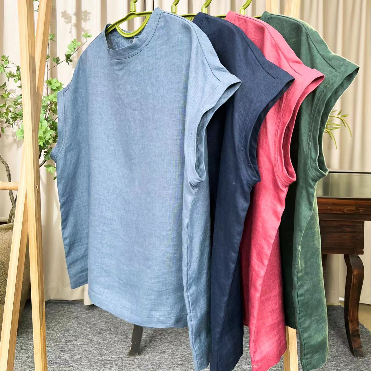 兰姐服饰直播间春夏季新款百搭纯色开叉立领亚麻休闲套头衫080