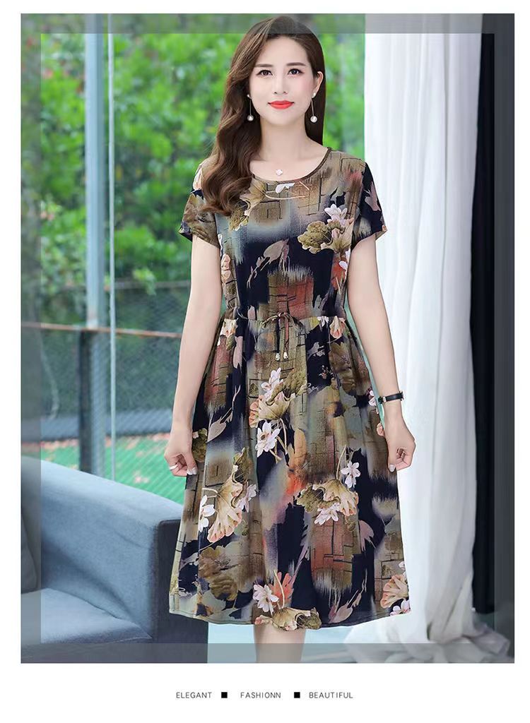 棉绸面料妈妈装气质中老年时尚过膝长裙宽松连衣裙大码显瘦洋气