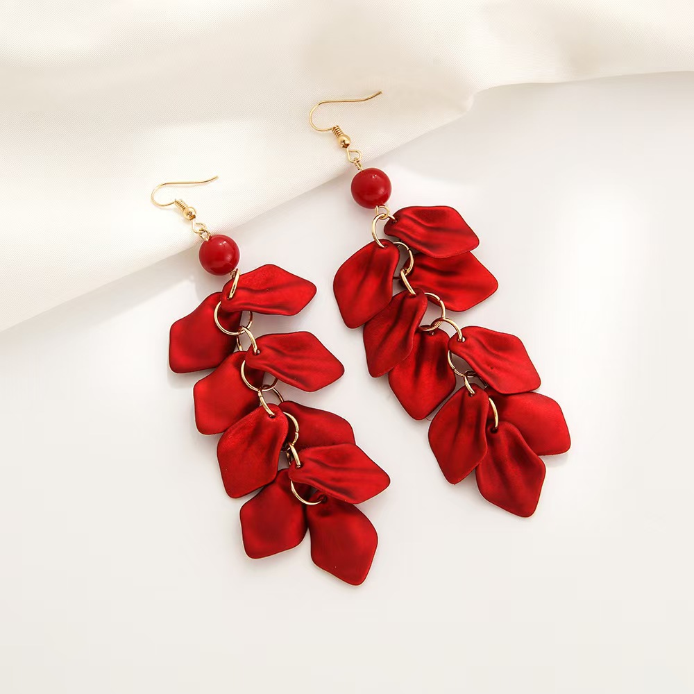 合金亚克力耳饰 夸张长款复古珠光红亚克力花瓣流苏