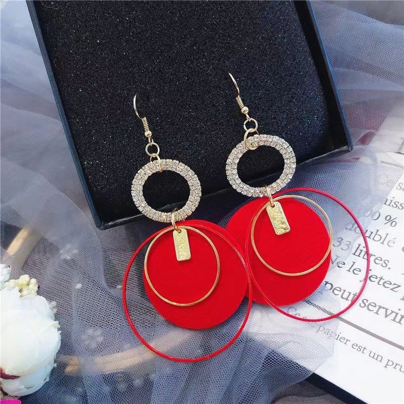铜合金锆石耳饰 新款红色性感时尚夸张圈圈长款网红耳环(9.5CM)