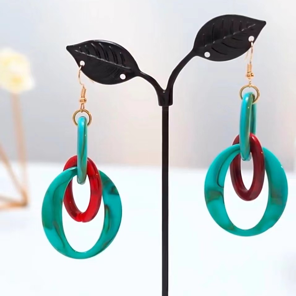 合金亚克力耳饰 夸张民族风链条撞色亚克力 耳环 