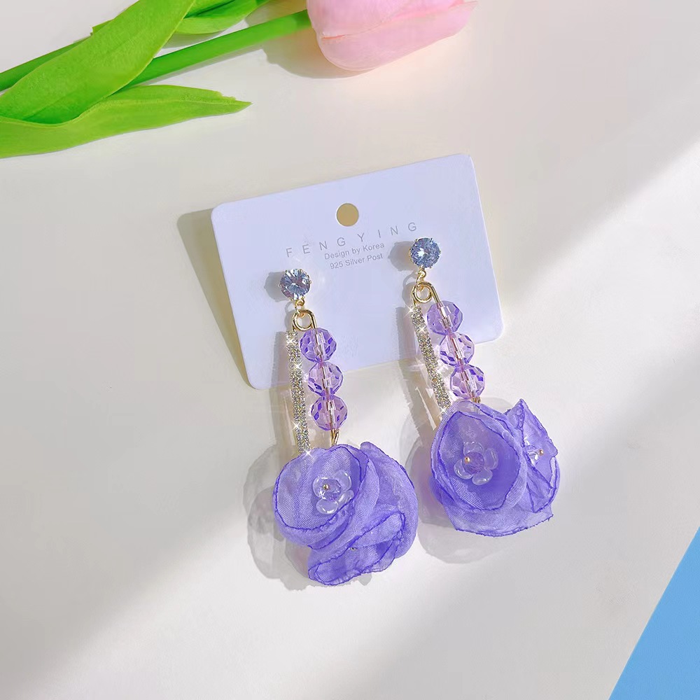 925银仿水晶耳饰 紫色夸张轻奢个性水晶花朵大别针耳环