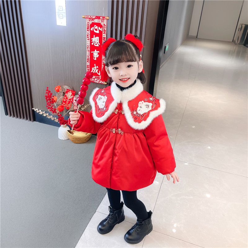 女童冬装年服棉衣外套韩版新款儿童披肩保暖棉服女宝宝拜年服旗m1
